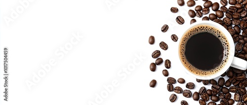 Coffee cup and coffee beans on white background, top view