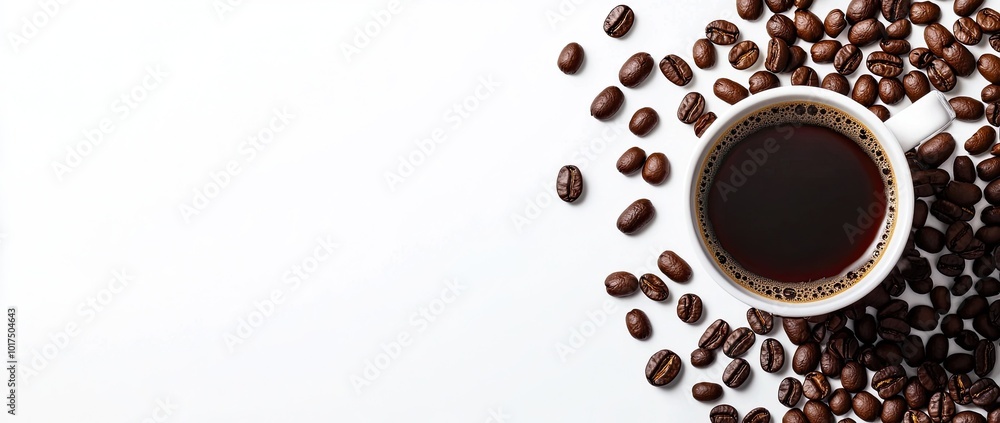Obraz premium Coffee cup and coffee beans on white background, top view