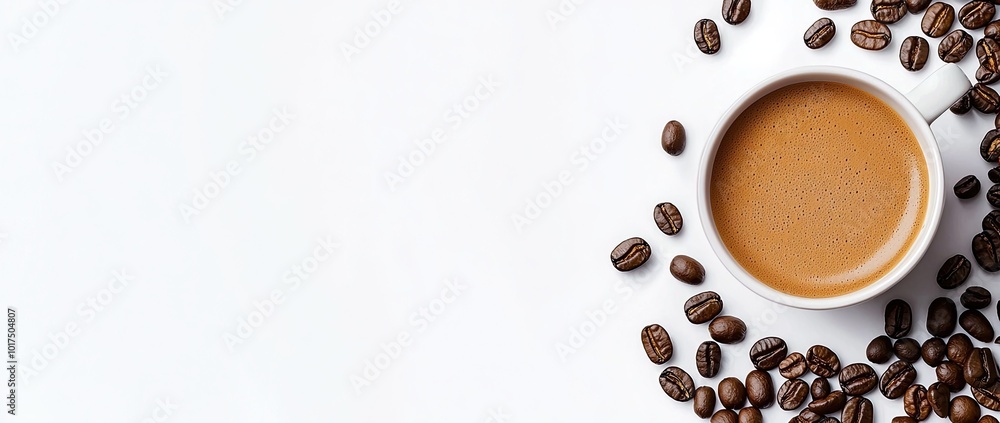 Coffee cup and coffee beans on white background, top view Coffee cup and coffee beans on white background, top view