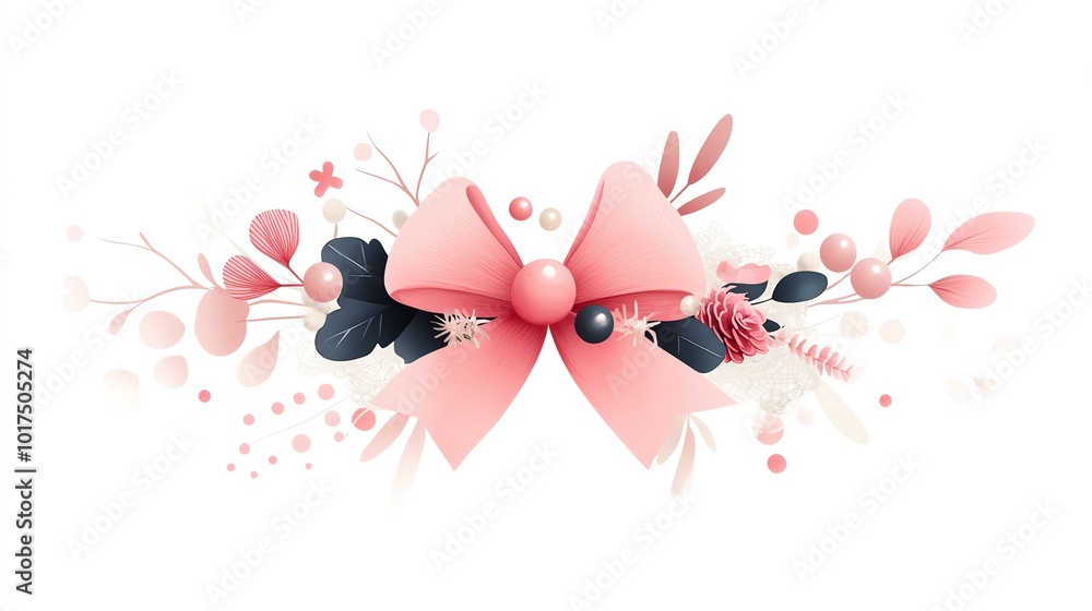Fototapeta premium an elegant Christmas bow clipart, lace and pearl detail, watercolor illustration, soft pink, isolated on white background