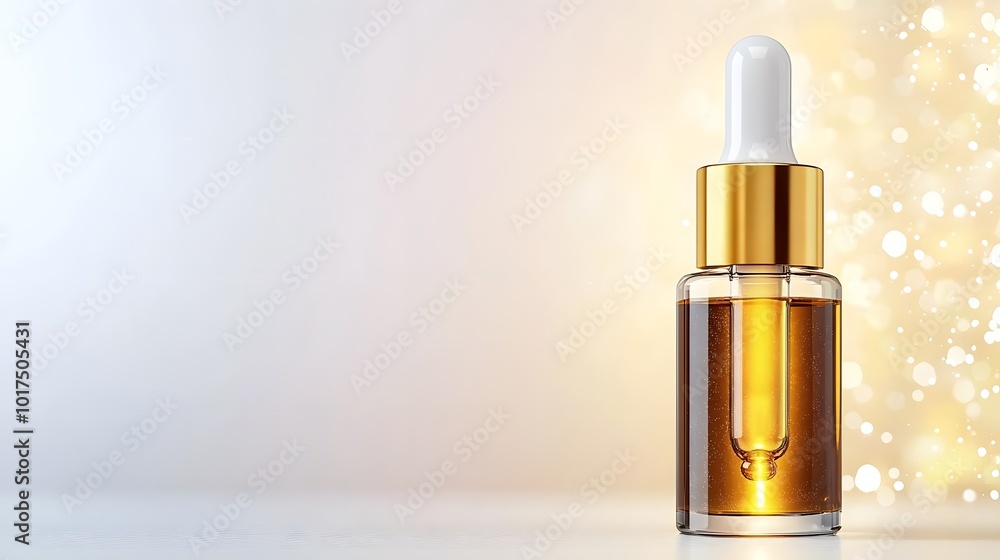 A sleek glass dropper bottle containing golden oil, set against a softly glowing background, ideal for skincare and beauty products. A sleek glass dropper bottle containing golden oil, set against a softly glowing background, ideal for skincare and beauty products.