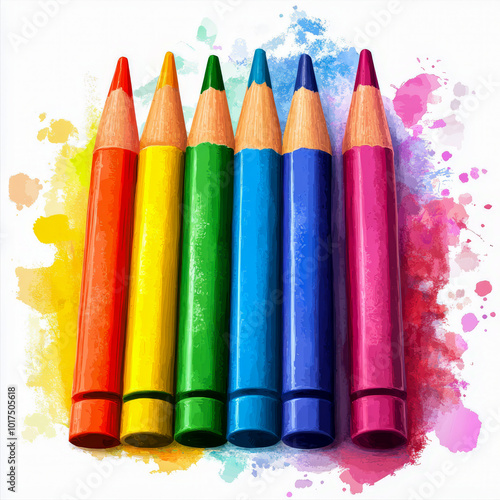 Six bright colored pencils aligned with multicolored watercolor splashes