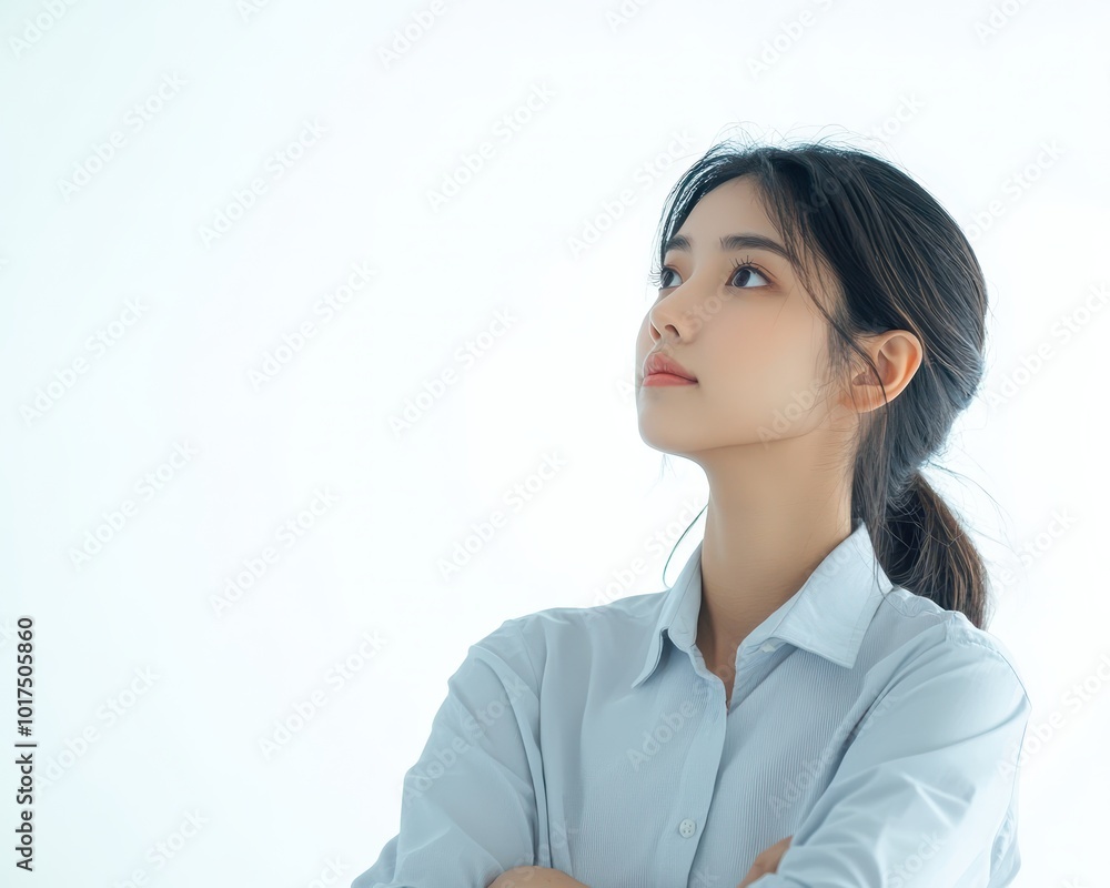 Young Asian woman in smart casual attire, thoughtful expression in an openconcept workspace, Asian woman, modern business thinking Young Asian woman in smart casual attire, thoughtful expression in an openconcept workspace, Asian woman, modern business thinking