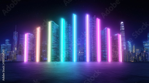 Futuristic Cityscape with Neon Lights and Skyscrapers at Night