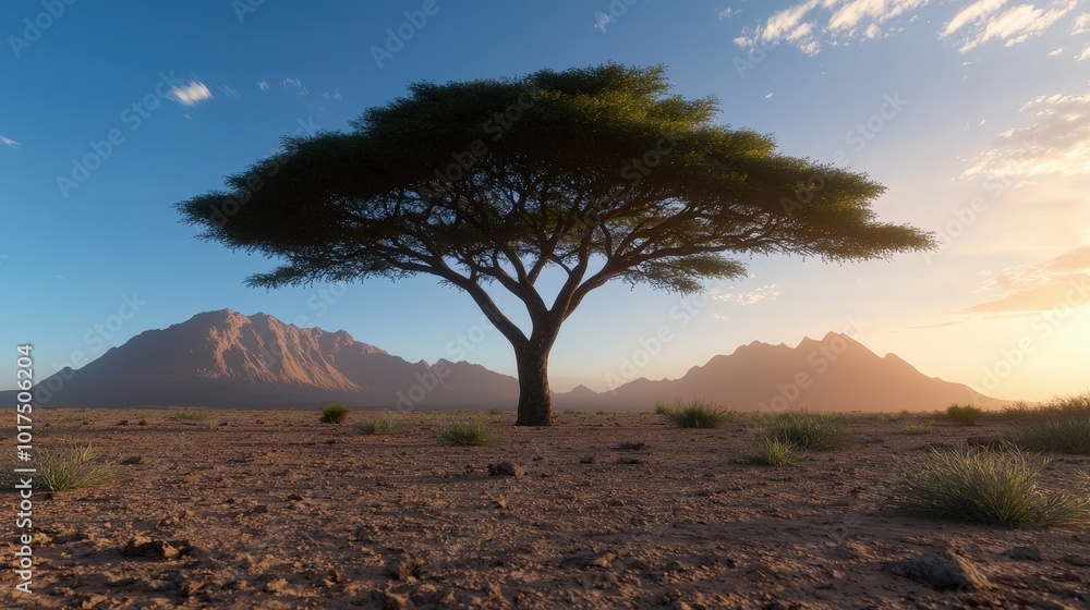 Naklejka premium Lonely Tree in Desert Landscape with Mountains at Sunset