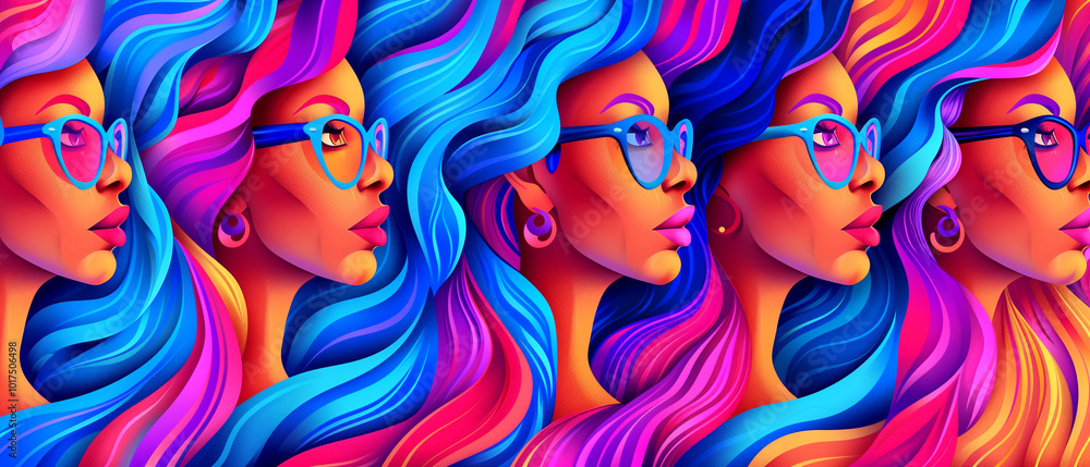 Fototapeta premium A series of women with long hair and glasses. The women are all wearing different colored glasses and have different hair colors. The image is a colorful