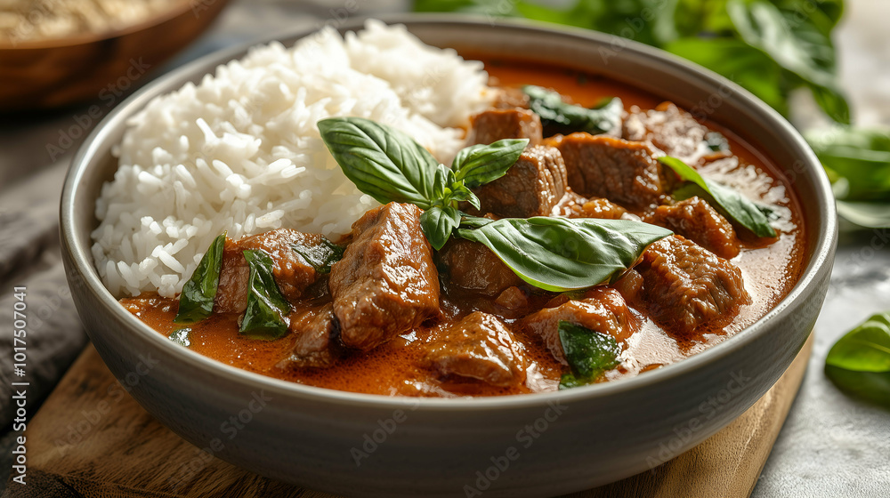 Rich Beef Curry with Rice and Fresh Basil - A flavorful dish of tender beef chunks simmered in a rich, spicy curry sauce, served with fragrant white rice. Rich Beef Curry with Rice and Fresh Basil - A flavorful dish of tender beef chunks simmered in a rich, spicy curry sauce, served with fragrant white rice.