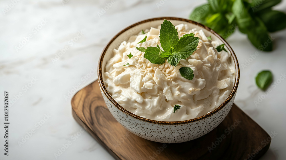 A smooth and rich coconut dessert, presented in a rustic bowl and garnished with fresh mint leaves. The creamy texture and natural sweetness of the coconut make it a perfect tropical treat. A smooth and rich coconut dessert, presented in a rustic bowl and garnished with fresh mint leaves. The creamy texture and natural sweetness of the coconut make it a perfect tropical treat.