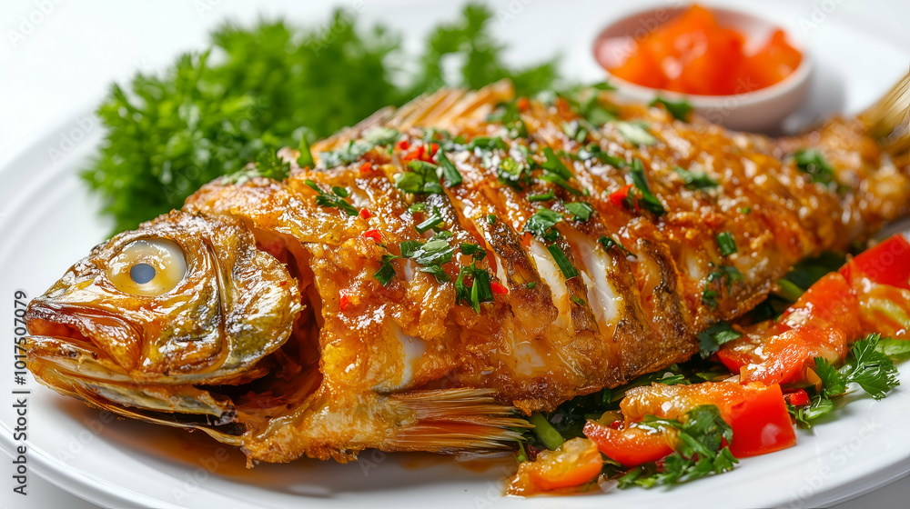 Crispy Fried Whole Fish with Herbs and Spicy Sauce - A beautifully fried whole fish garnished with fresh herbs and served with a spicy dipping sauce. Crispy Fried Whole Fish with Herbs and Spicy Sauce - A beautifully fried whole fish garnished with fresh herbs and served with a spicy dipping sauce.