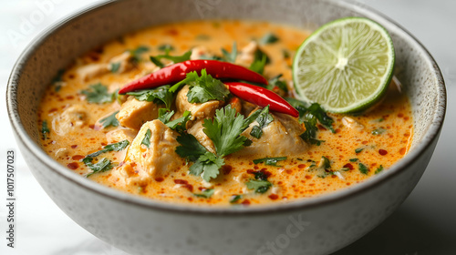 A bowl of creamy and spicy chicken soup, garnished with fresh cilantro, red chilies, and a slice of lime. The rich broth has a balance of heat and tang, creating a flavorful and comforting dish.