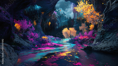 An abstract, dreamlike landscape with fluid, flowing lines and bold splashes of neon colors, creating the illusion of a nature scene from a different realm.