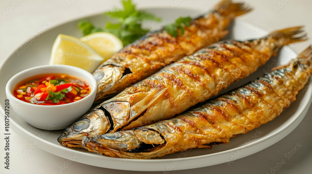 Grilled Mackerel with Spicy Dipping Sauce and Lemon Wedges - Three perfectly grilled mackerel fish served with a spicy dipping sauce and fresh lemon wedges. Grilled Mackerel with Spicy Dipping Sauce and Lemon Wedges - Three perfectly grilled mackerel fish served with a spicy dipping sauce and fresh lemon wedges.