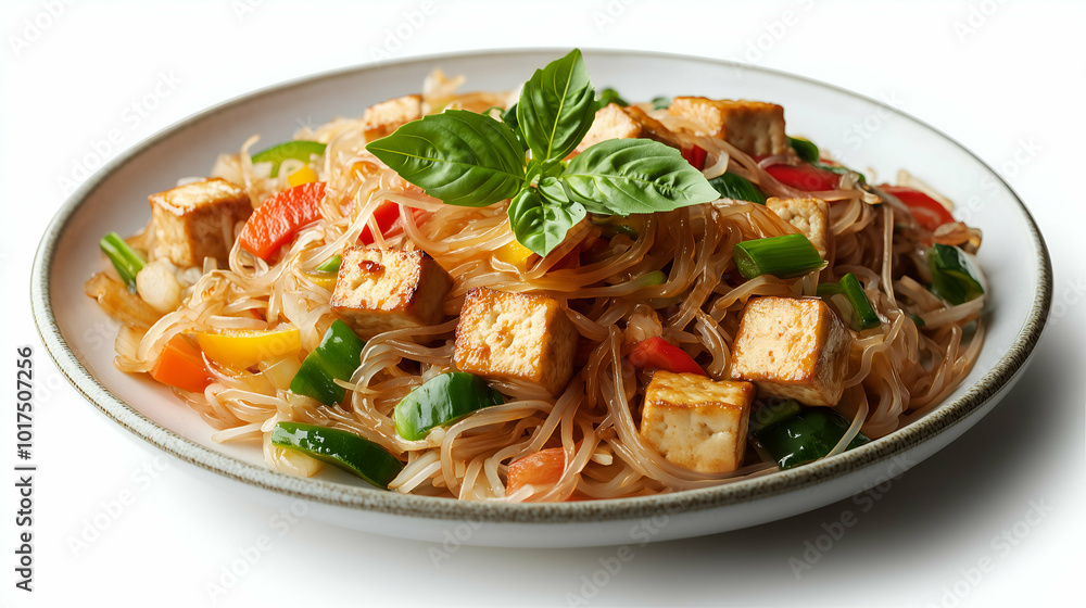 Stir-Fried Glass Noodles with Tofu and Vegetables - A colorful plate of stir-fried glass noodles paired with crispy tofu cubes and a mix of vibrant vegetables, garnished with fresh basil. Stir-Fried Glass Noodles with Tofu and Vegetables - A colorful plate of stir-fried glass noodles paired with crispy tofu cubes and a mix of vibrant vegetables, garnished with fresh basil.