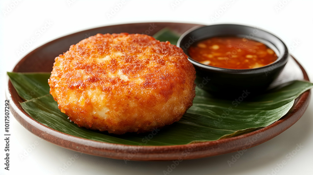 A golden, crispy fried fish cake served with a side of sweet chili dipping sauce. The crunchy exterior and tender fish inside make for a flavorful and satisfying dish, perfect as an appetizer or snack A golden, crispy fried fish cake served with a side of sweet chili dipping sauce. The crunchy exterior and tender fish inside make for a flavorful and satisfying dish, perfect as an appetizer or snack