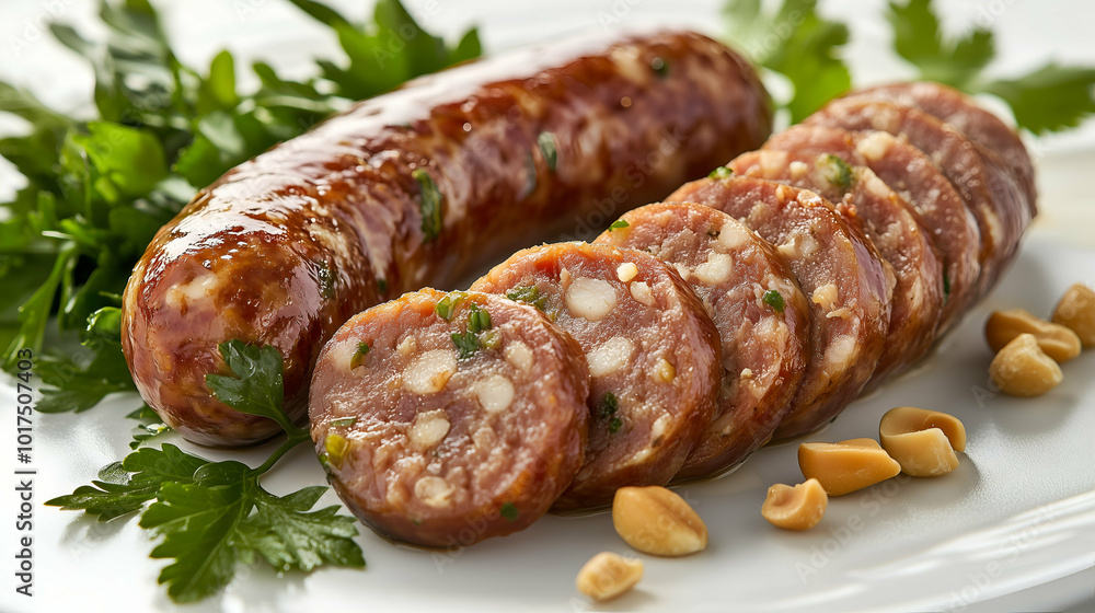 A delicious sausage sliced and served with crunchy peanuts and fresh parsley garnish. The sausage has a rich, meaty texture with chunks of peanuts and herbs, making it a savory and flavorful dish. A delicious sausage sliced and served with crunchy peanuts and fresh parsley garnish. The sausage has a rich, meaty texture with chunks of peanuts and herbs, making it a savory and flavorful dish.
