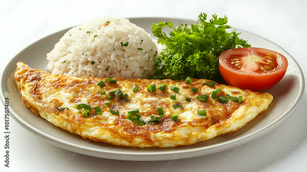 A golden, fluffy omelette garnished with chopped green onions, served alongside a portion of steamed rice, fresh parsley, and a ripe tomato slice. A golden, fluffy omelette garnished with chopped green onions, served alongside a portion of steamed rice, fresh parsley, and a ripe tomato slice.