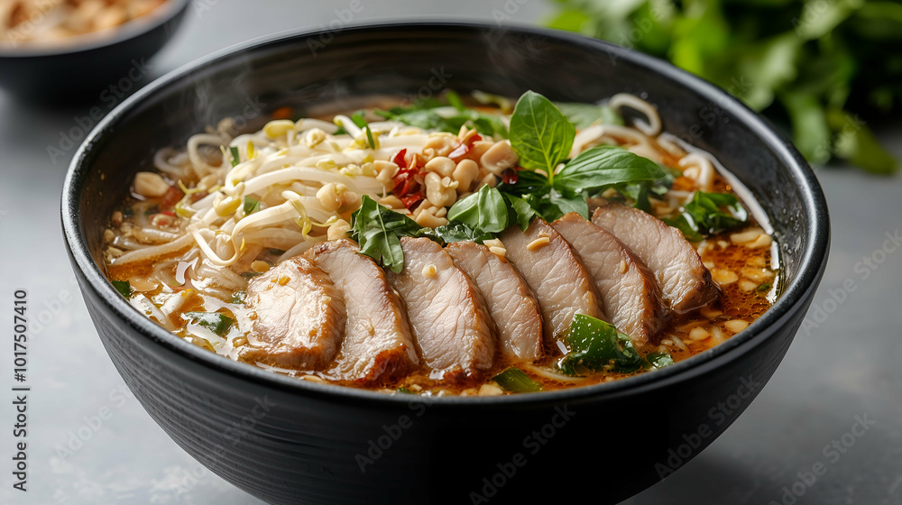 Fototapeta premium Flavorful Pork Noodle Soup with Fresh Herbs and Bean Sprouts - A steaming bowl of noodle soup topped with tender slices of pork, fresh basil, crunchy bean sprouts, and chopped peanuts.