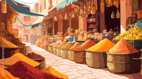 Vibrant moroccan market stalls showcasing diverse spices and ingredients. Moroccan Souk. Illustration