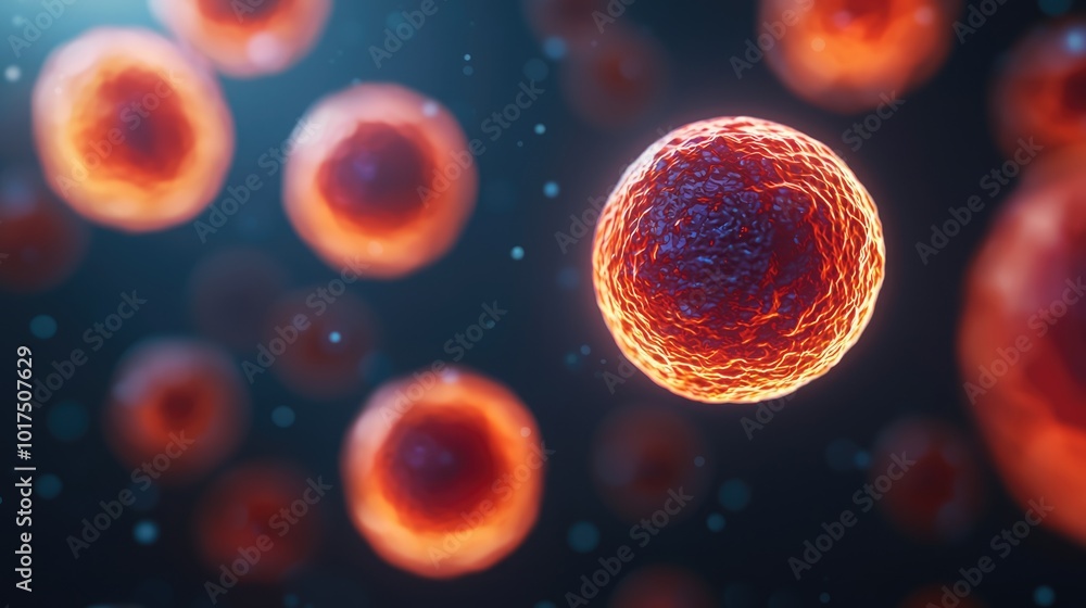 Naklejka premium Abstract image of glowing cells in various sizes, showcasing the intricate design and biological structure against a dark background.