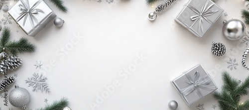 Christmas background with silver gift boxes, garland, and decorations on a white background