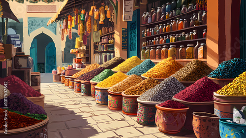 Vibrant moroccan market stalls showcasing diverse spices and ingredients. Moroccan Souk. Illustration