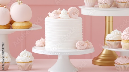 Elegant Cake Display with Pink Decorations and Treats