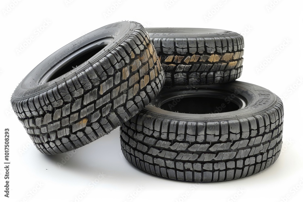 Four isolated black car tires stacked on a white background for automotive graphics and design Four isolated black car tires stacked on a white background for automotive graphics and design