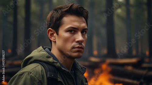 Pensive Man Standing in Forest With Background Flames photo