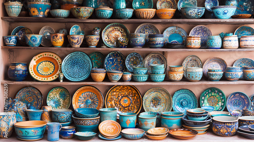 Vibrant pottery display at a moroccan market. Moroccan Souk. Illustration