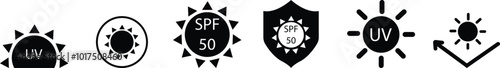 UV Protection Related Vector flat Icon set. Vector template of sun protection line icons. UV protection for skin. for sunscreen products or other skin cosmetics, concept how UV rays effect on skin.