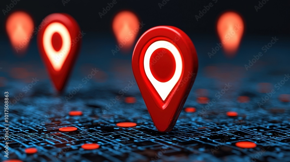 Red Location Pin on Abstract Circuit Board Digital Map Concept Red Location Pin on Abstract Circuit Board Digital Map Concept
