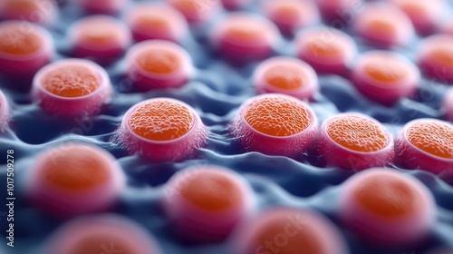 The image displays a close-up view of spherical cells with vibrant pink and orange tones, set against a textured blue background. photo