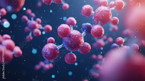 Digital illustration of molecular structures, featuring clusters of red and purple spheres set against a dark background. photo