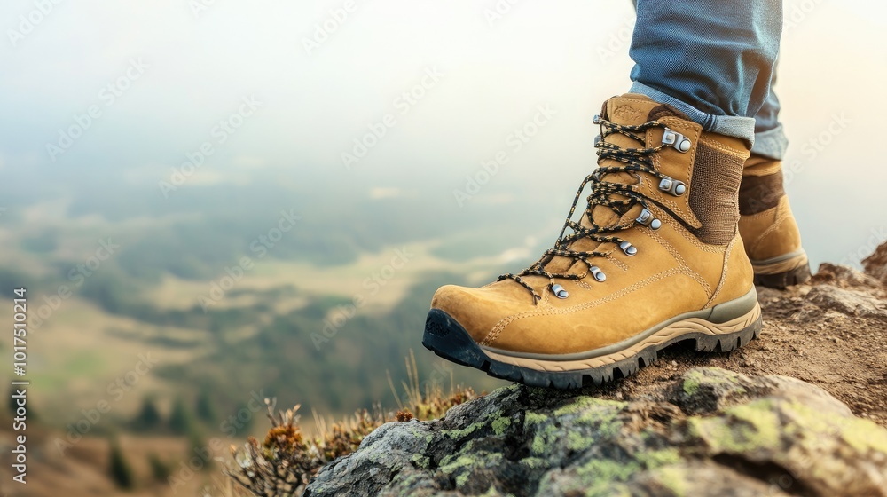 Close up man hiking boots on rocky mountain peak in the natural forest Close up man hiking boots on rocky mountain peak in the natural forest