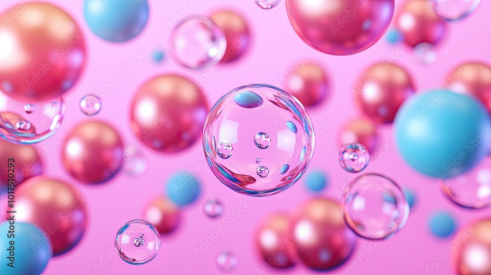 Obraz premium Colorful spheres float in a pink background, creating a playful, whimsical atmosphere reminiscent of bubbles or ornaments.