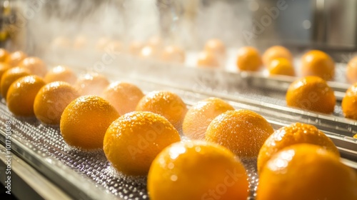 Fototapeta Naklejka Na Ścianę i Meble -  Close up orange citrus washing on conveyor belt at fruits automation water spray cleaning machine in production line of fruits manufacturing agricultural industry and innovation technology concept