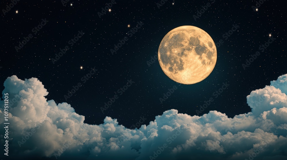 Full Moon Night Sky with Clouds and Stars Dreamy Celestial Landscape Full Moon Night Sky with Clouds and Stars Dreamy Celestial Landscape
