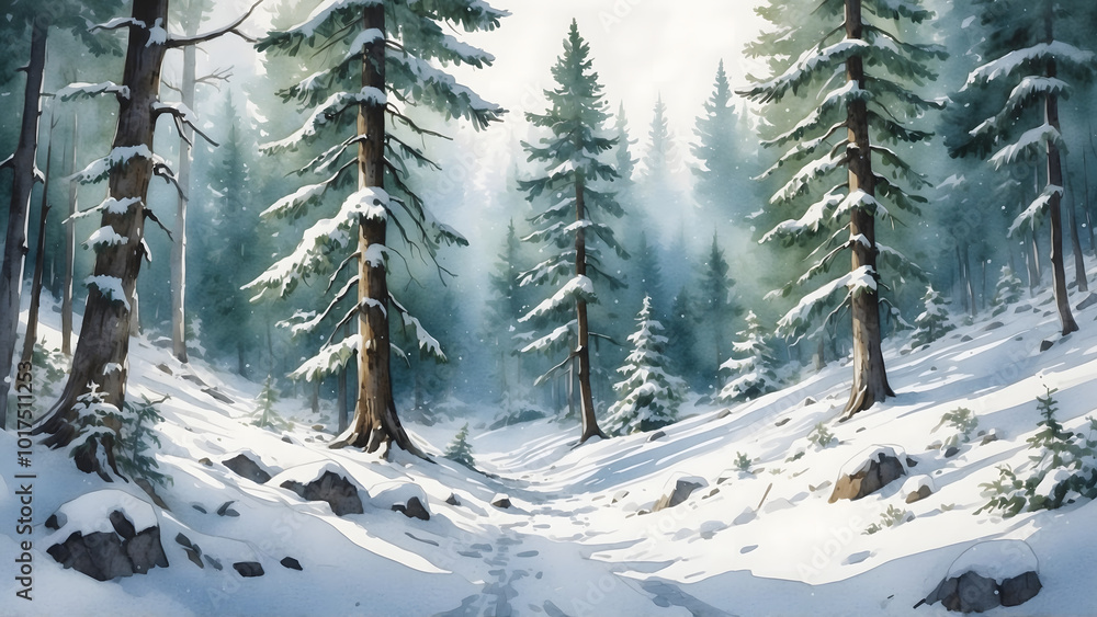 Naklejka premium Calm winter forest scene with snow-laden trees and a tranquil path through the woods with copy space