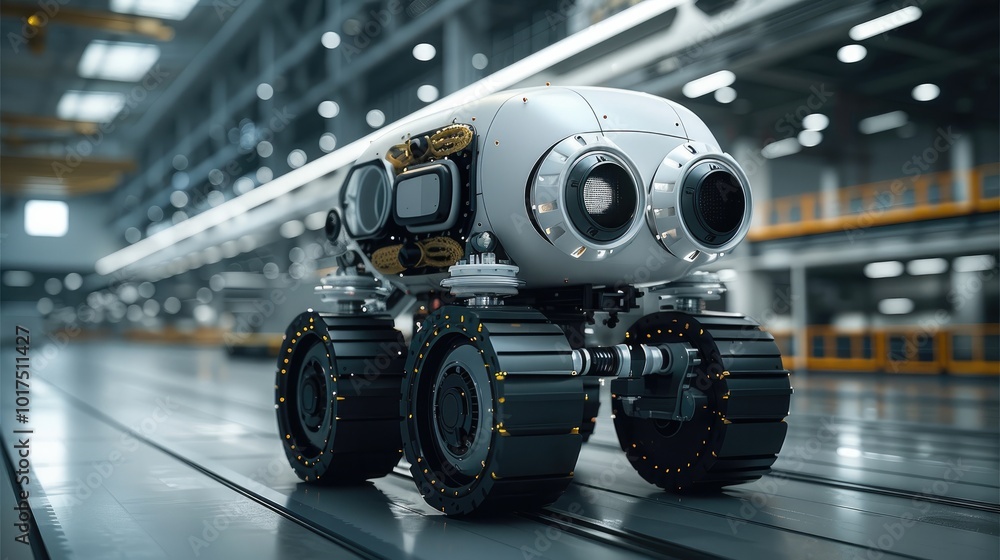 Fototapeta premium Robot with wheels, carrying a large aircraft part in a factory.