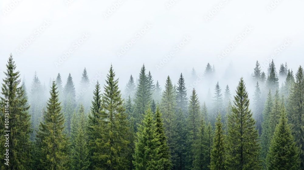 Misty Forest Landscape with Evergreen Trees Misty Forest Landscape with Evergreen Trees