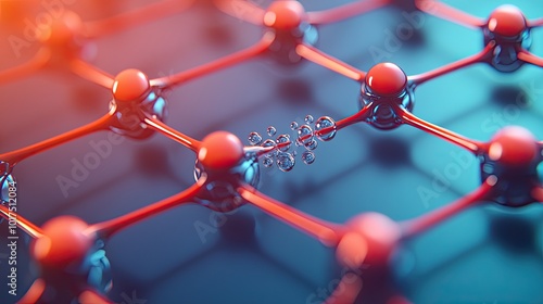 A close-up of a molecular structure displaying interconnected atoms, showcasing scientific exploration in nanotechnology with a vibrant digital background. photo