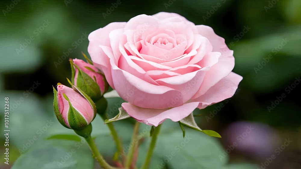 Soft Pink Rose with Buds in Natural Garden Setting Soft Pink Rose with Buds in Natural Garden Setting