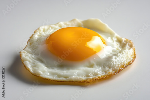 Fried egg on white plate with vibrant yolk and crispy edges, ready to be enjoyed, on a simple background.