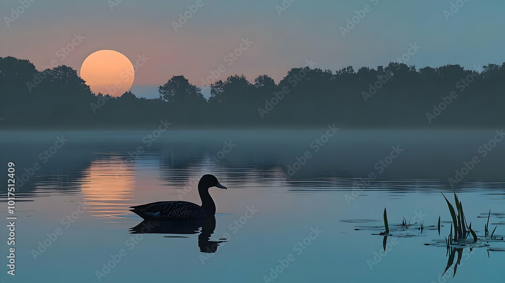 Naklejka premium Duck Silhouette at Sunset.