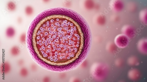 A vibrant illustration of a viral structure, showcasing its outer layer and inner components, surrounded by numerous cells. photo