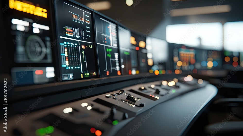 Modern Control Room with Digital Monitors and Buttons Modern Control Room with Digital Monitors and Buttons
