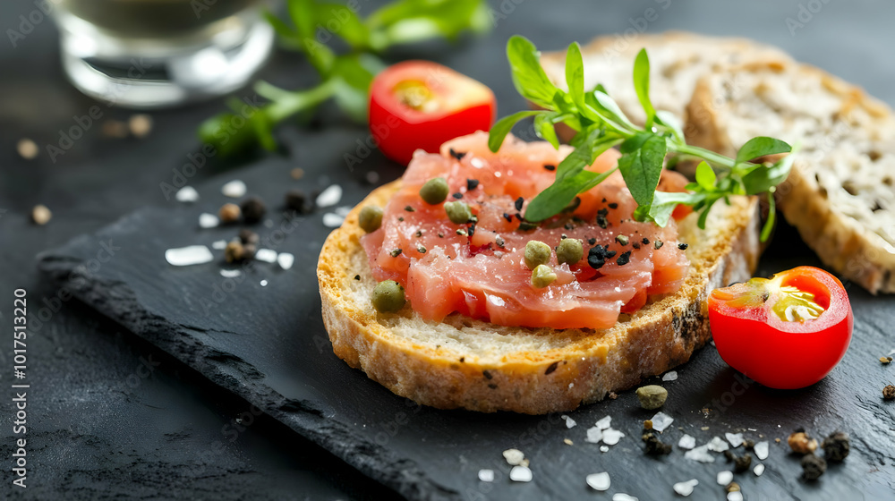 Smoked Salmon Bruschetta with Capers and Herbs. Smoked Salmon Bruschetta with Capers and Herbs.