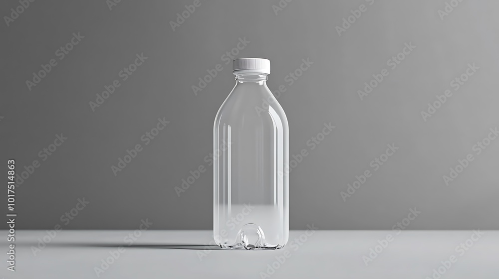 A clear, empty plastic bottle with a white cap stands on a white surface against a gray background. A clear, empty plastic bottle with a white cap stands on a white surface against a gray background.