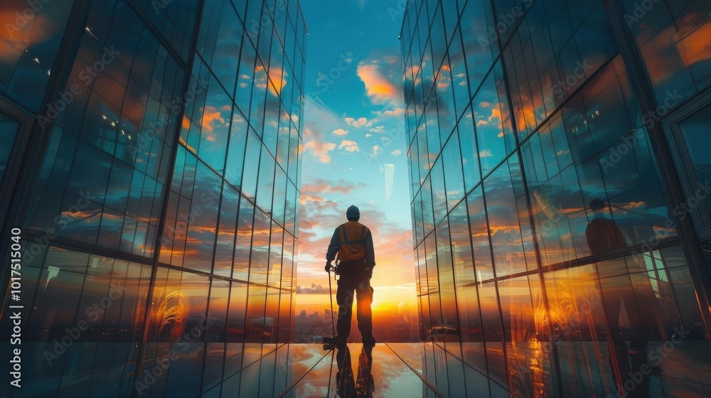 Silhouette of a person standing between tall glass buildings, with a stunning sunset reflecting on the glass facade, reminiscent of urban life. Silhouette of a person standing between tall glass buildings, with a stunning sunset reflecting on the glass facade, reminiscent of urban life.