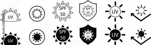 UV Protection Related Vector flat Icon set. Vector template of sun protection line icons. UV protection for skin. for sunscreen products or other skin cosmetics, concept how UV rays effect on skin.